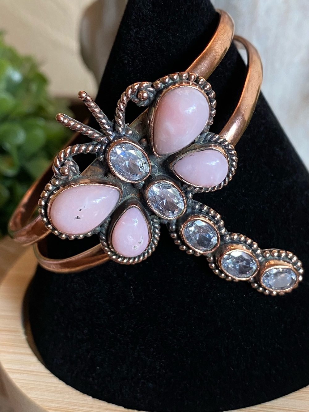 B29 Copper pink Opal/Amethyst dragonfly cuff bracelet|size 6-8.5”